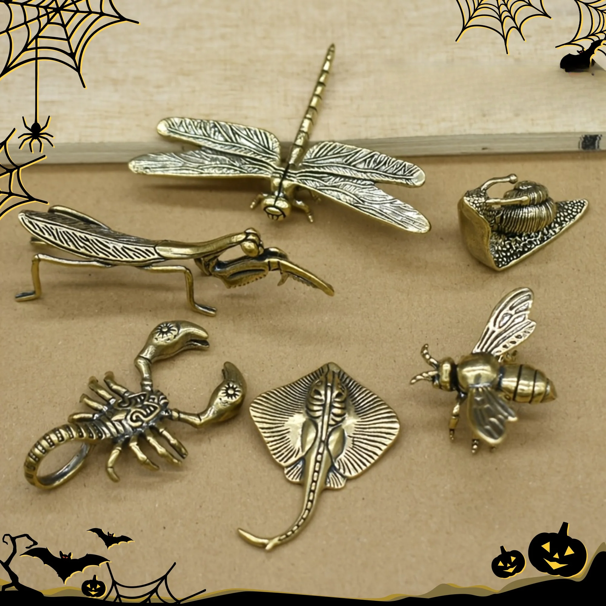 Set of 6 solid vintage brass multi-style ornaments, creative sculptures of animals and plants