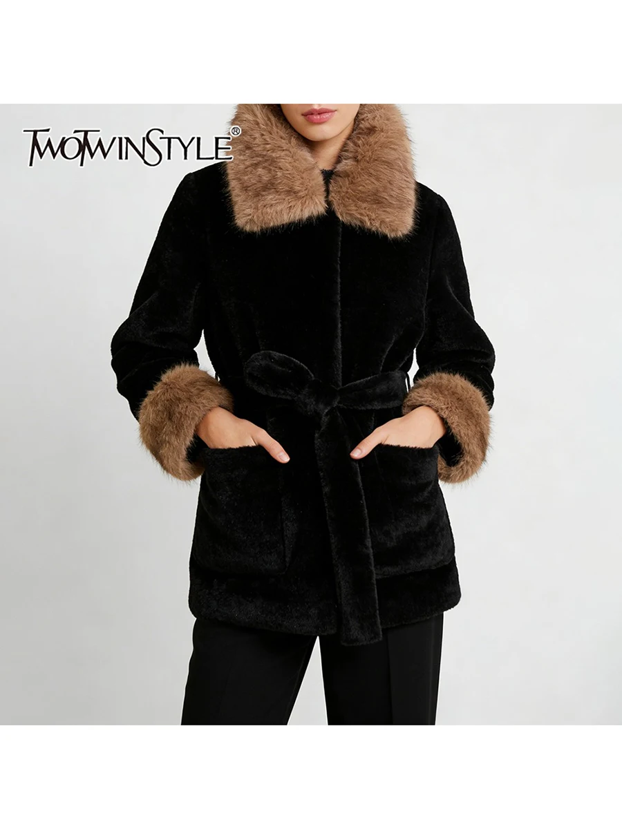

TWOTWINSTYLE Hit Color Spliced Pockets Casual Jackets for Women Hooded Collar Long Sleeves Patchwork Fur Basics Jacket Female