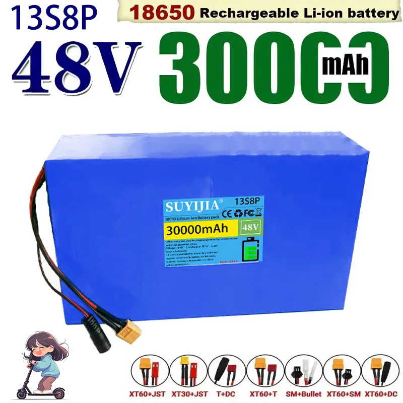 48V 30Ah 13s8p Lithium Ion Battery, 48V 30000mAh 500-1500W Electric Battery, Built-in 30A BMS + 18650 Charger, Original Battery