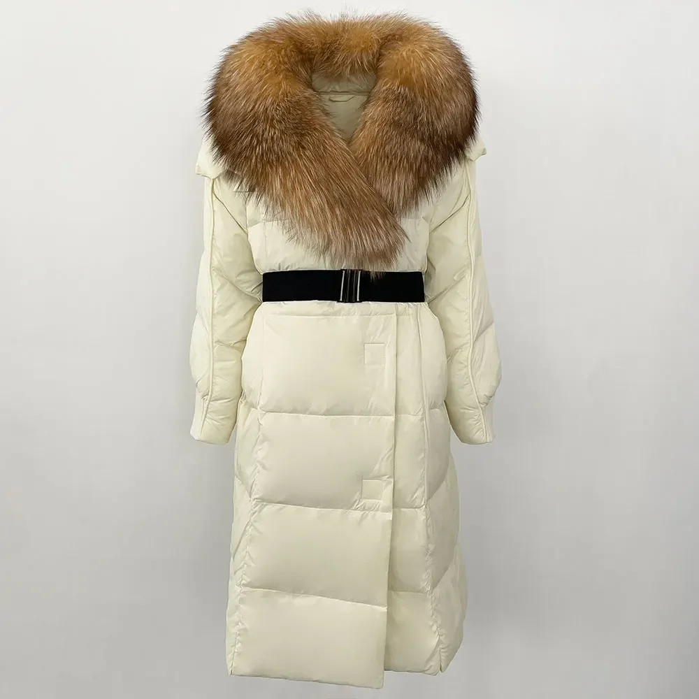 

Women 2025 White Goose Down Coat Belt Real Raccoon Fox Fur Collar Long Natural Jacket Winter Thick Warm Casual Outerwear