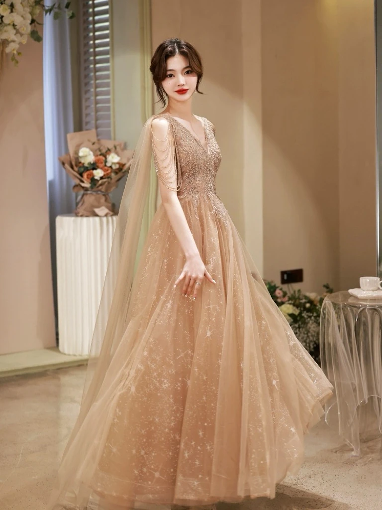 

Gorgeous Champagne Bridesmaid Dresses V-neck Tassel Beading Applique A-line Lace-up Star Tulle Woman Celebrity Evening Gown 2024