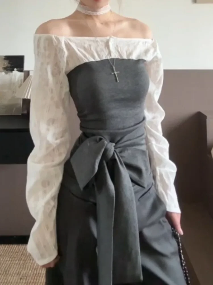 

Искусственный облегающий топ из двух предметов с открытыми плечами для женщин + Y2k Ленивые повседневные свободные прямые широкие брюки 2025 Новый женский костюм