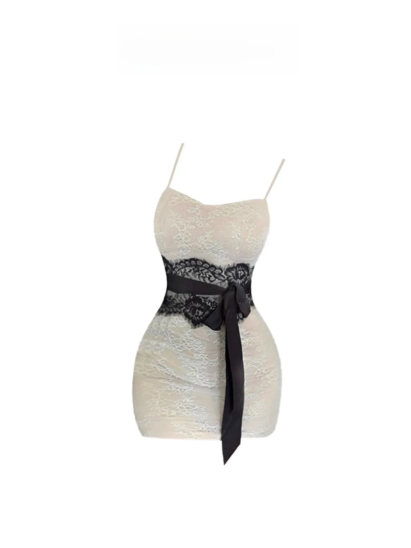 

Heza Spicy Lace Color Block Strap Dress Women's Slim Fit Short Skirt Style Autumn Winter Fashion Slimming Bodycon Dress