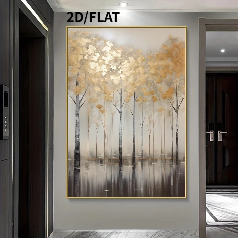 2D/FLAT Modern Abstract Autumn Golden Forest Canvas Art Print Frameless Large Misty Wall Decor for Living Room, Bedroom & Office