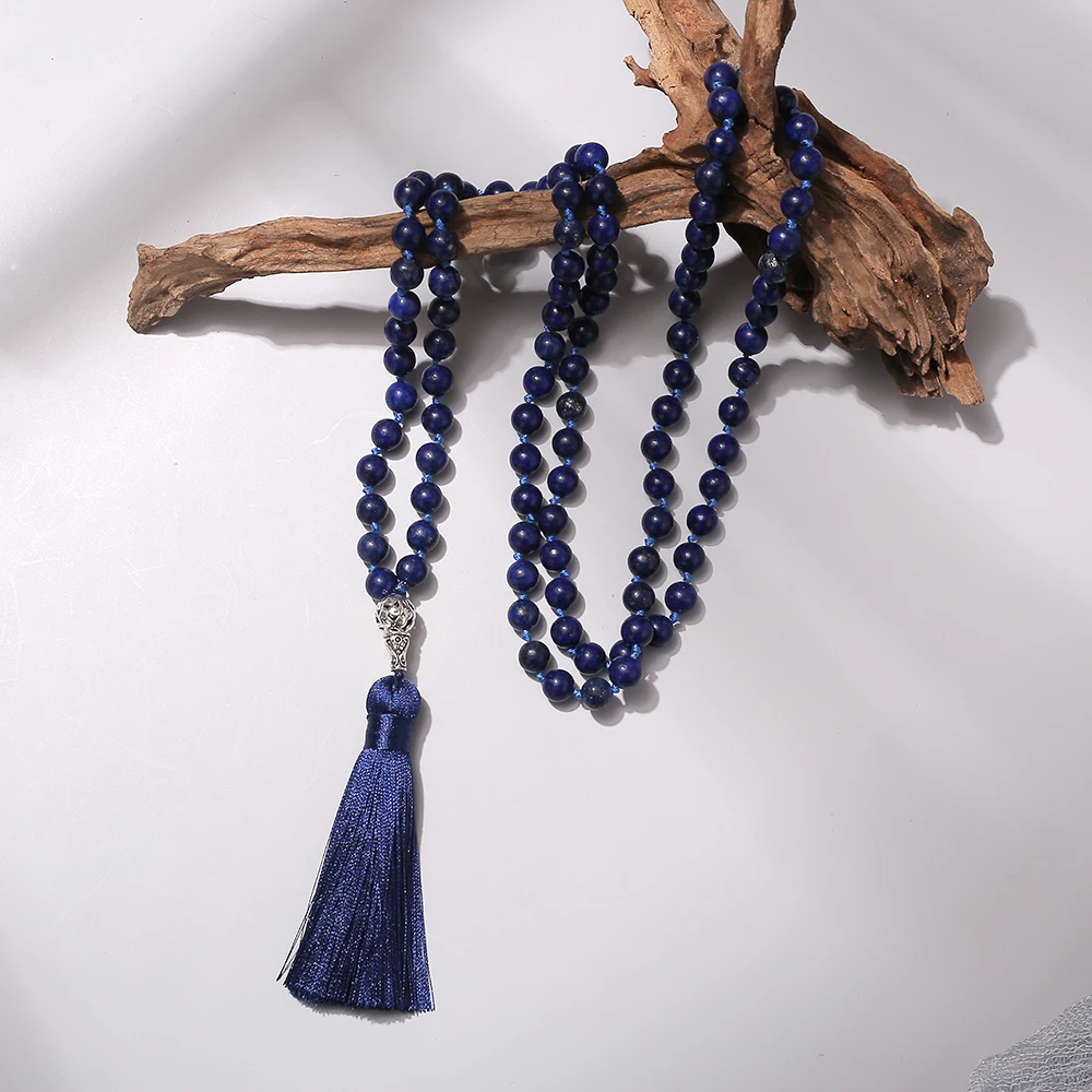 

108 Mala Beads Necklace 8mm Lapis Lazuli Beaded Knotted Rosary Meditation Yoga Prayer Jewelry for Men and Women