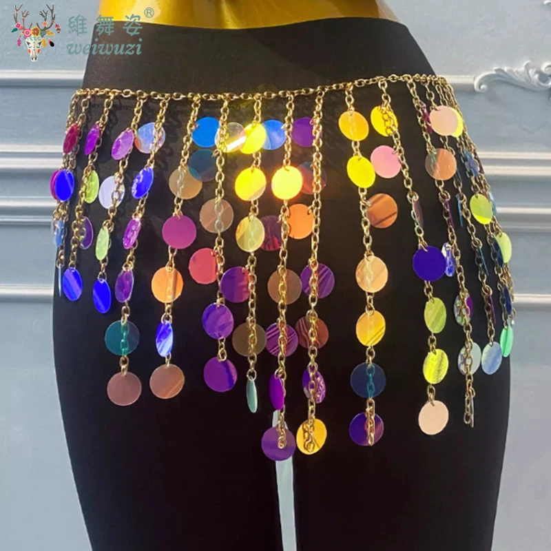 BellyDance Performance Belt Advanced Colorful Sequins Fringe Waist Chain Adult and Children Oriental Dance Practice Accessories