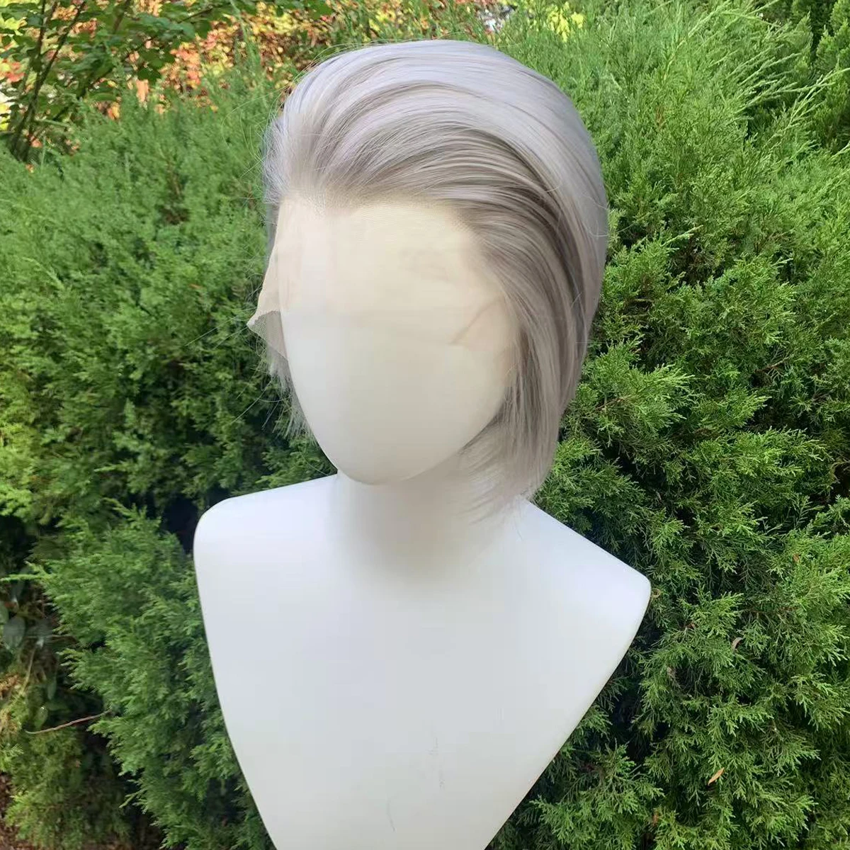 Silver Grey Bob Wig 8inch 150%Density Widow's Peak Short Cut 13X4 Glueless Synthetic Lace Front Wigs with Natural Hairline