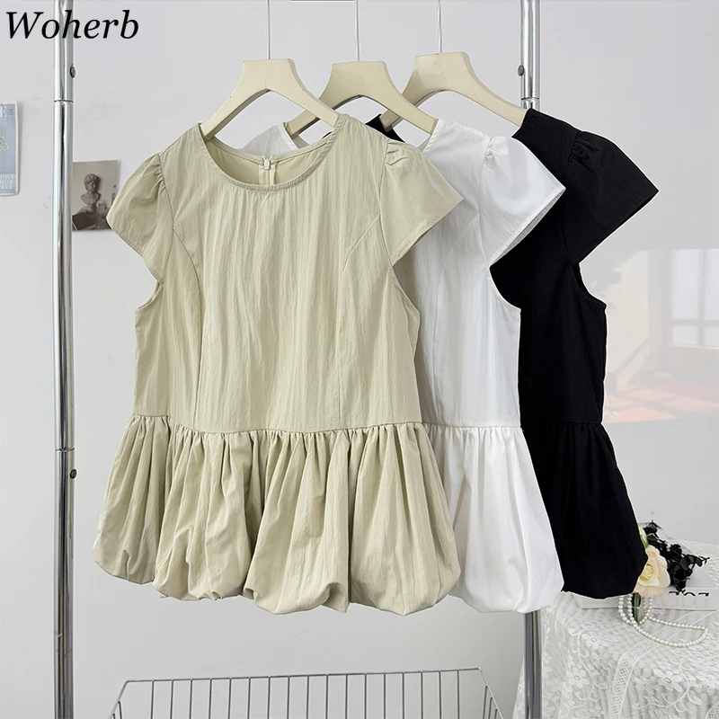 

2025 Blusas Mujer De Moda Solid Y2k Blouse for Women O-neck Feifei Sleeves Shirts Korean Fashion Pleated Loose All Match Blouses