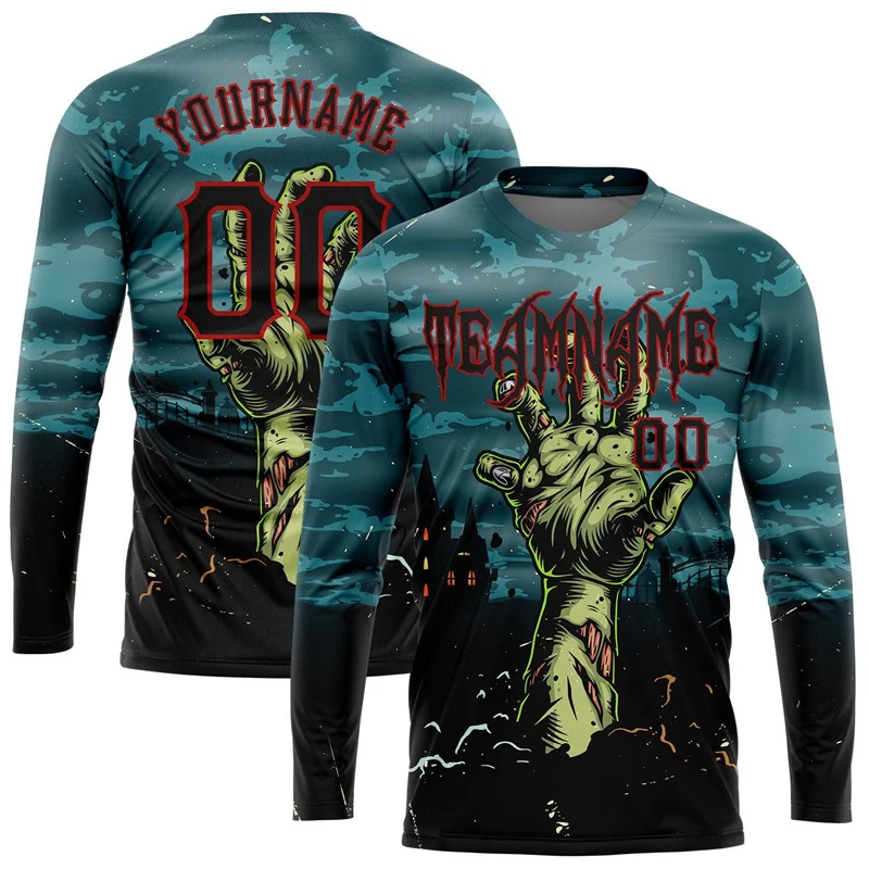 Custom Name Number Halloween Long Sleeve Jersey Personalized Team Print Ghost Pumpkin Haunted House Graphic Party Sport Tops