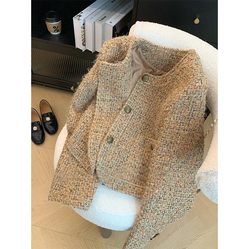 Vintage Tweed Jacke Frauen Elegante Abgeschnitten Mantel Koreanische Langarm Oberbekleidung Herbst Winter Damen Einreiher Chic Blazer Neue