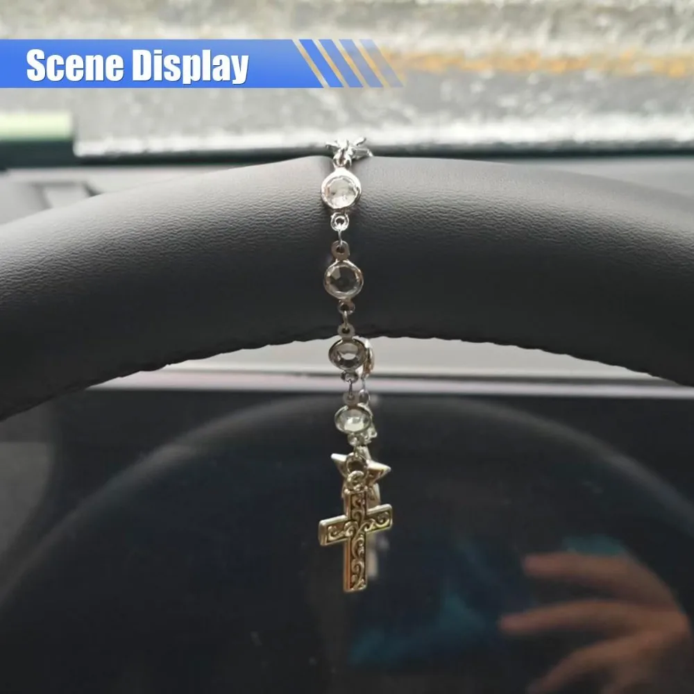 1-12Pcs Star Cross Car Steering Wheel Charm, Crystal Bead Religious Rosary Rearview Mirror Hanging Decor Faith Car Hanging Gift