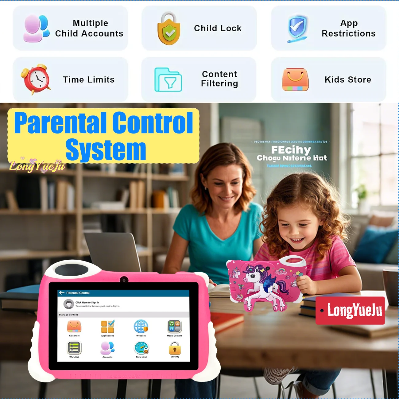 Tablet per bambini da 7 pollici con controllo parentale |   Tavoletta educativa con WiFi, schermo HD e doppia fotocamera | Regalo di Natale, Halloween