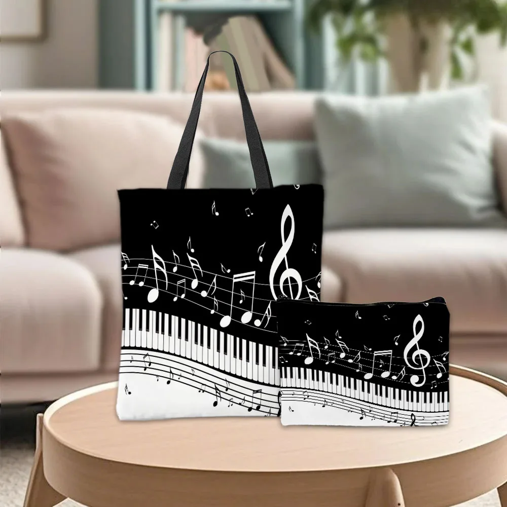 Music Note Print Shoulder Bag Makeup Bags Piano Music Elements Black White Color Handbag Casual Portable Shopping Bag Daily Use