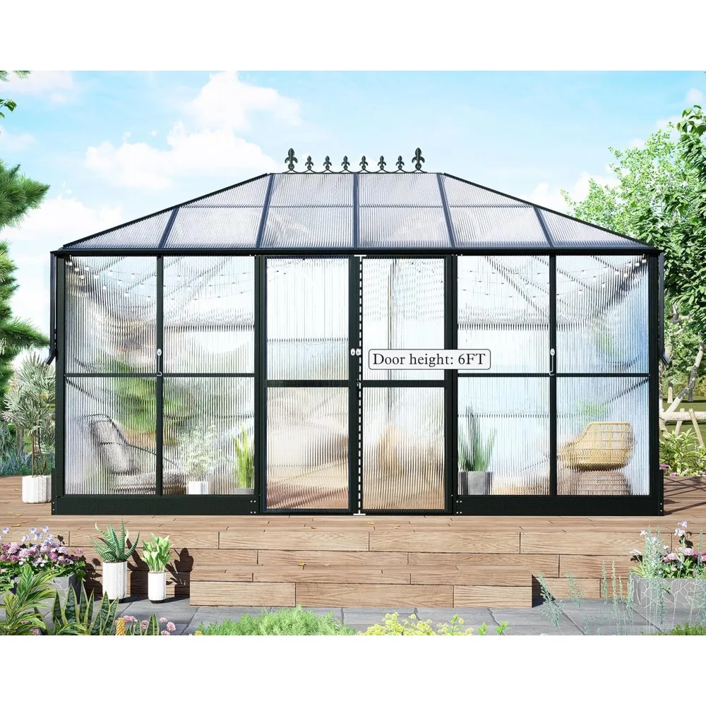 2 Vents and Double Swing Doors 6FT Added Wall Height, Walk-in Large Winter Greenhouse Sunroom Aluminum,Greenhouse