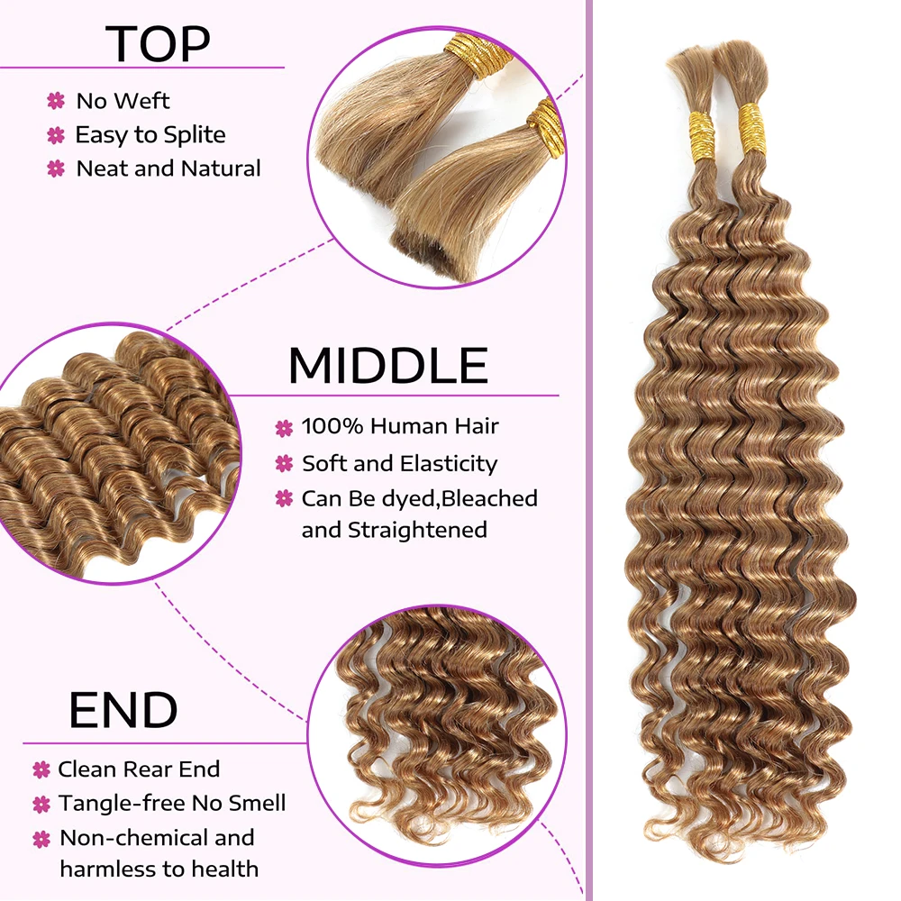 Linhua 27 # Deep Wave Bulk menschliches Haar zum Flechten von Boho-Zöpfen honig blonde Häkeln mikro knoten lose böhmische Zöpfe doppelt gezeichnet