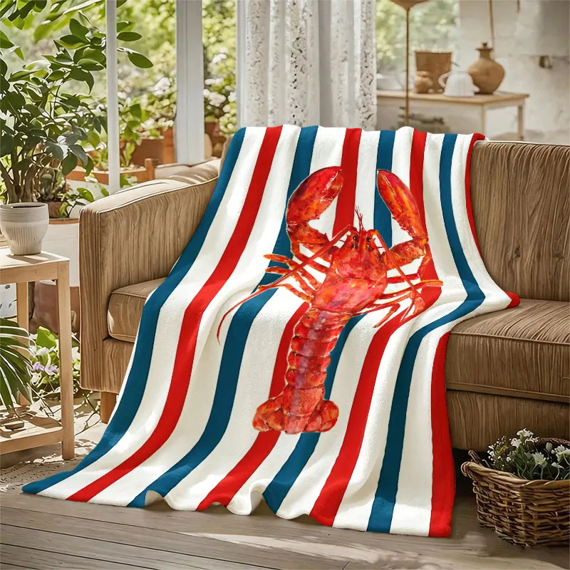 Lobster Red Stripes Flannel Blanket Perfect for Sofa Office Bed Travel Sleep Read Relax Camping Four Season Use