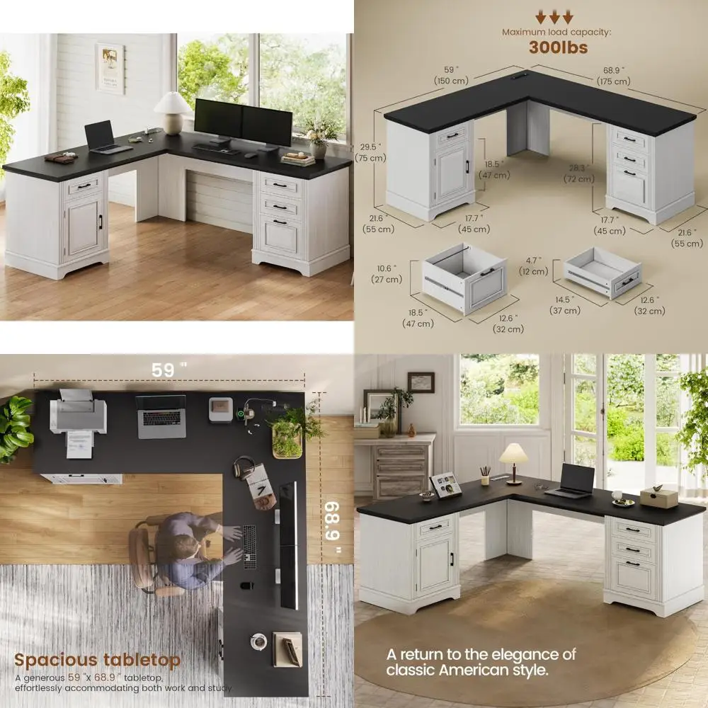 

Executive L-Shaped Home Office Desk with File Drawer, Power Outlet, and Computer Corner Desk Storage
