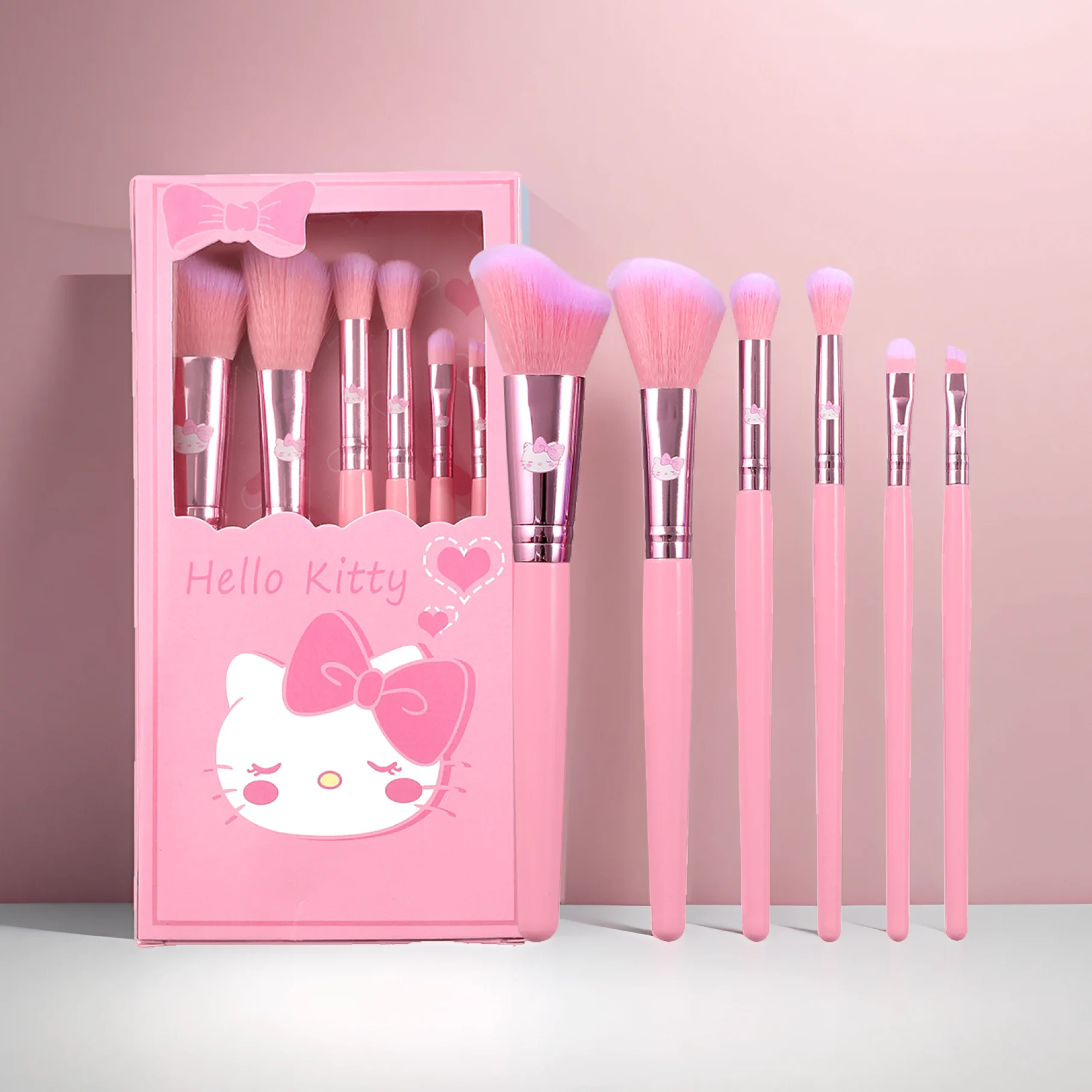 6-piece set of pink cartoon cute Hello Kitty makeup brush soft fiber wood eye shadow brush suitable for girls makeup tools cute