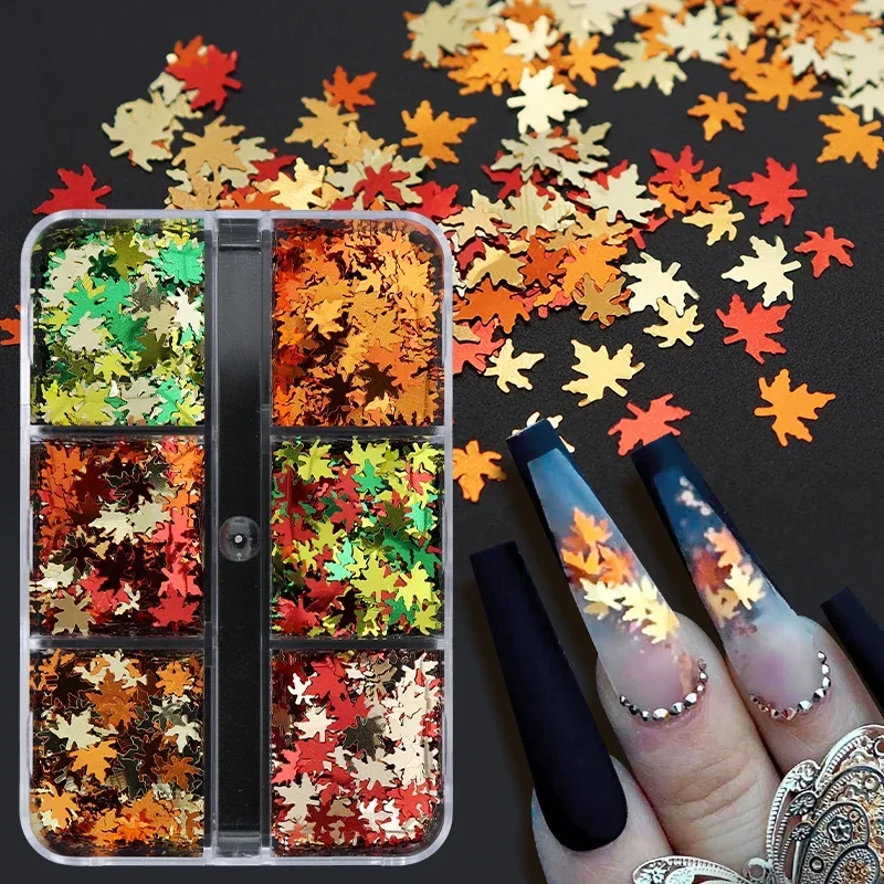 6 Grids Orange Maple Leaves Nail Glitter Sequins Mixed Shiny Fallen Leaf Flakes Autumn Nail Art Decoration Manicure Accessories