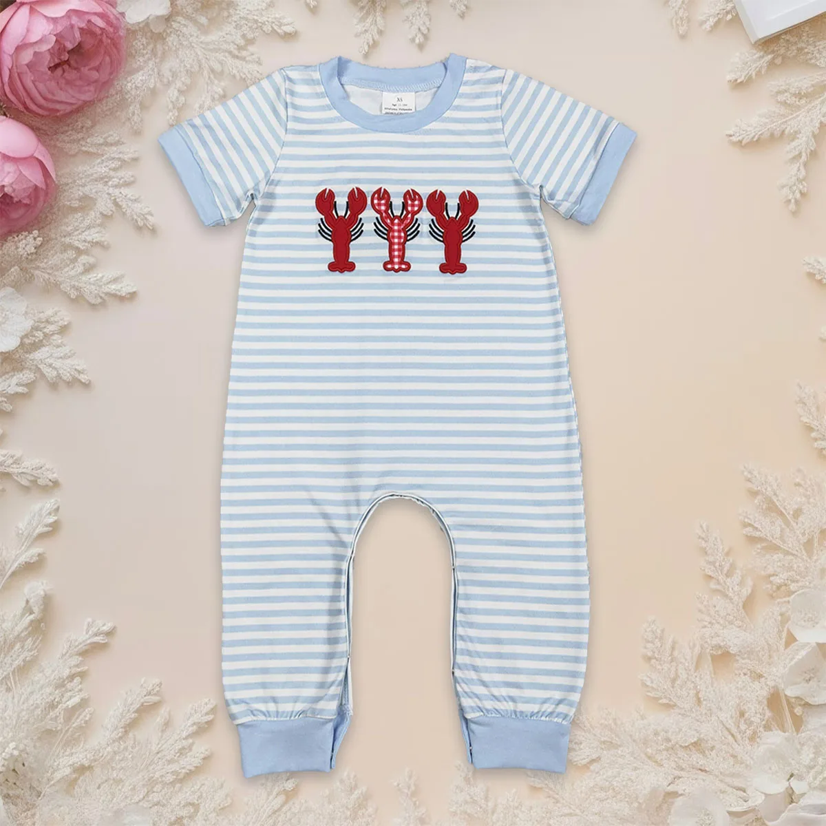 

Newborn Baby Infant Boy Short Sleeve Bubbles Embroidery Crayfishes Grey Stripe Footie Rompers Comfortable Button Bodysuit