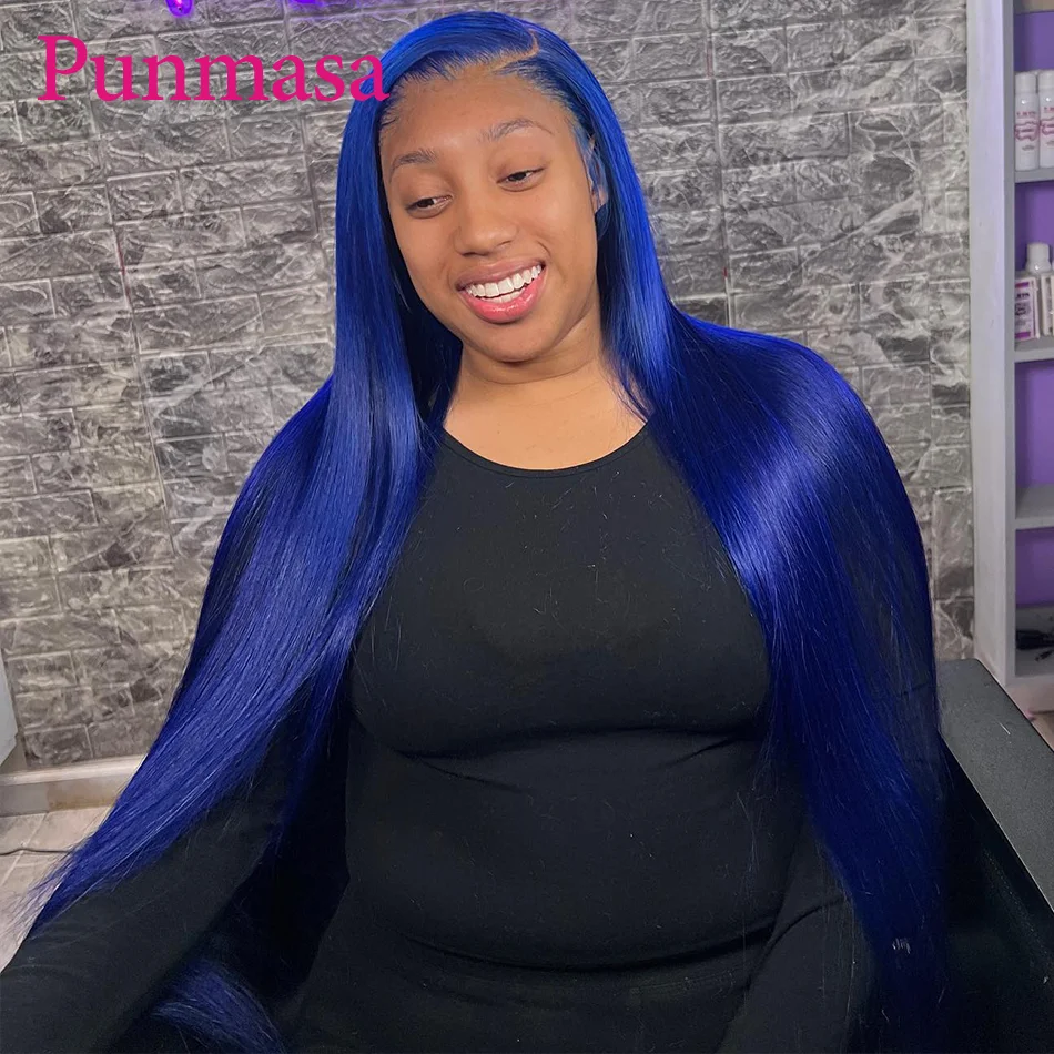 Punmasa Bone Straight Dark Blue Colored 13x6 Lace Frontal Wigs 5x5/13x4 Transaprent Lace Wig PrePlucked 200% Density 34 Inches