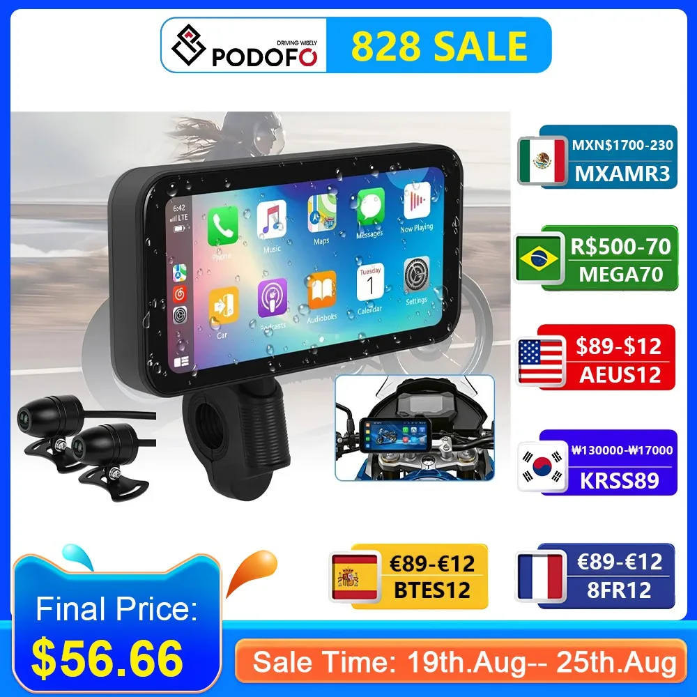 Podofo 6.25inch Motorcycle Carplay MP5 Portable Smart Player Wireless Carplay Android auto with Front&Back Camera Motorcycle DVR