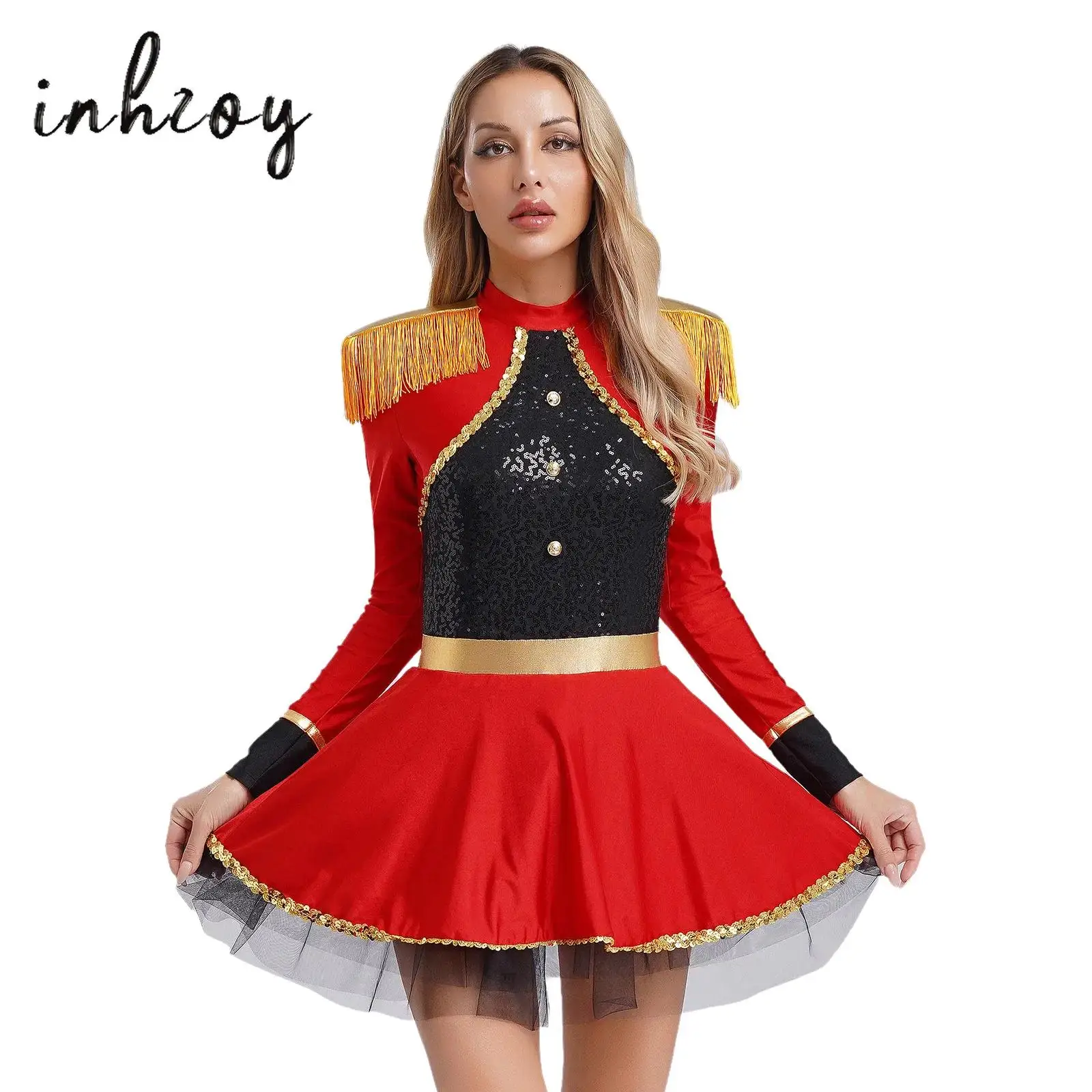 

Women's Circus Ringmaster Bodysuit Dress Long Sleeves Fringe Shoulder Patches Shiny Sequins Dress for Halloween Cosplay Costume