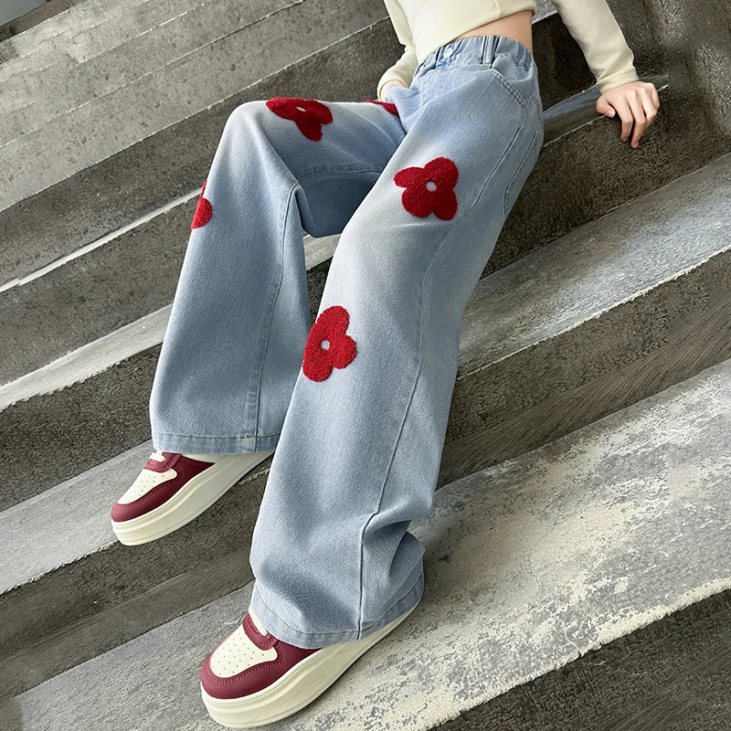 Spring Autumn Children Blue Jeans with Applique for Teenage Girls High Fashion Street Pants Kids Casual Denim Trousers Age 5-14Y