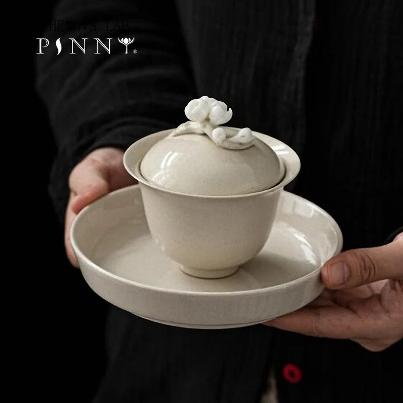Retro Plant Ash Glaze Ceramic Gaiwan Hand Made Blossom Plum Chinese Kung Fu Tea Service Pigmented Drinkware