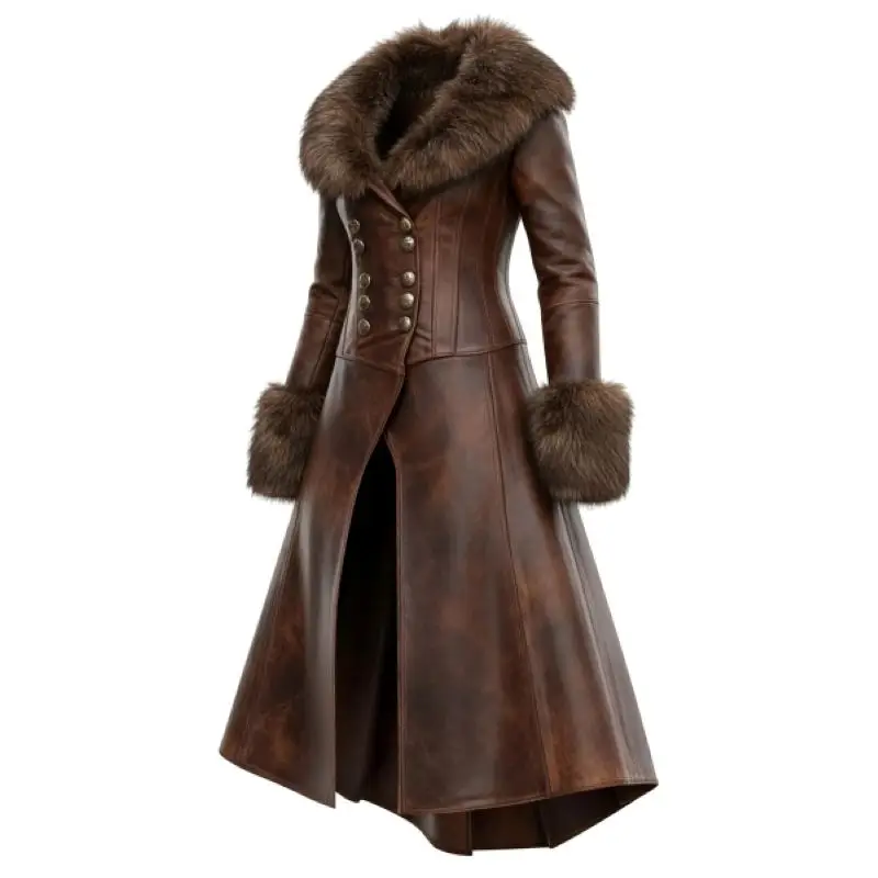 

Women's Retro Style Leather Irregular Design Double-Breasted Mid-Length Coat Fur Collar Lapel Jacket Coat