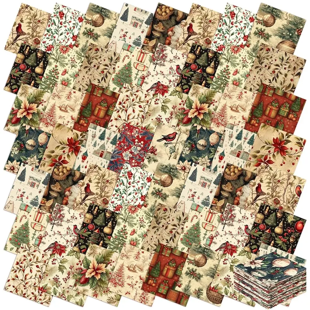 

100 Pcs 8 x 8 Inch Vintage Christmas Quilting Fabric Christmas Fat Squares Patchwork Strips Santa Red Cardinal Precut Fabric