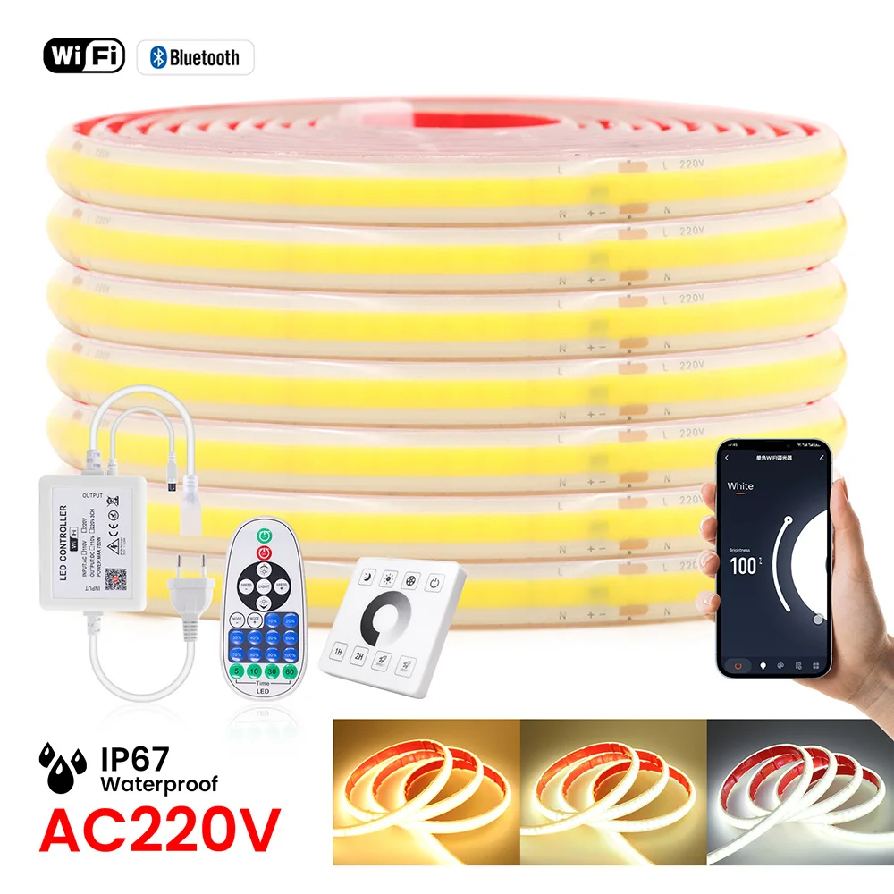 220V Wall Switch COB LED Neon Strip Light Wifi Bluetooth APP Remote Control Dimmer Power Kit 240LED with IC Flex Clear Tube Lamp