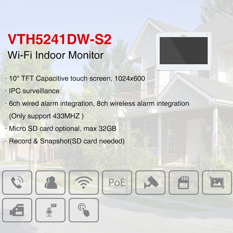 Dahua wielojęzyczny VTH5241DW-S2 oryginalny 10 Cal TFT WiFi Monitor wewnętrzny wideodomofon VTO bezprzewodowy dzwonek Alarm kamery IP