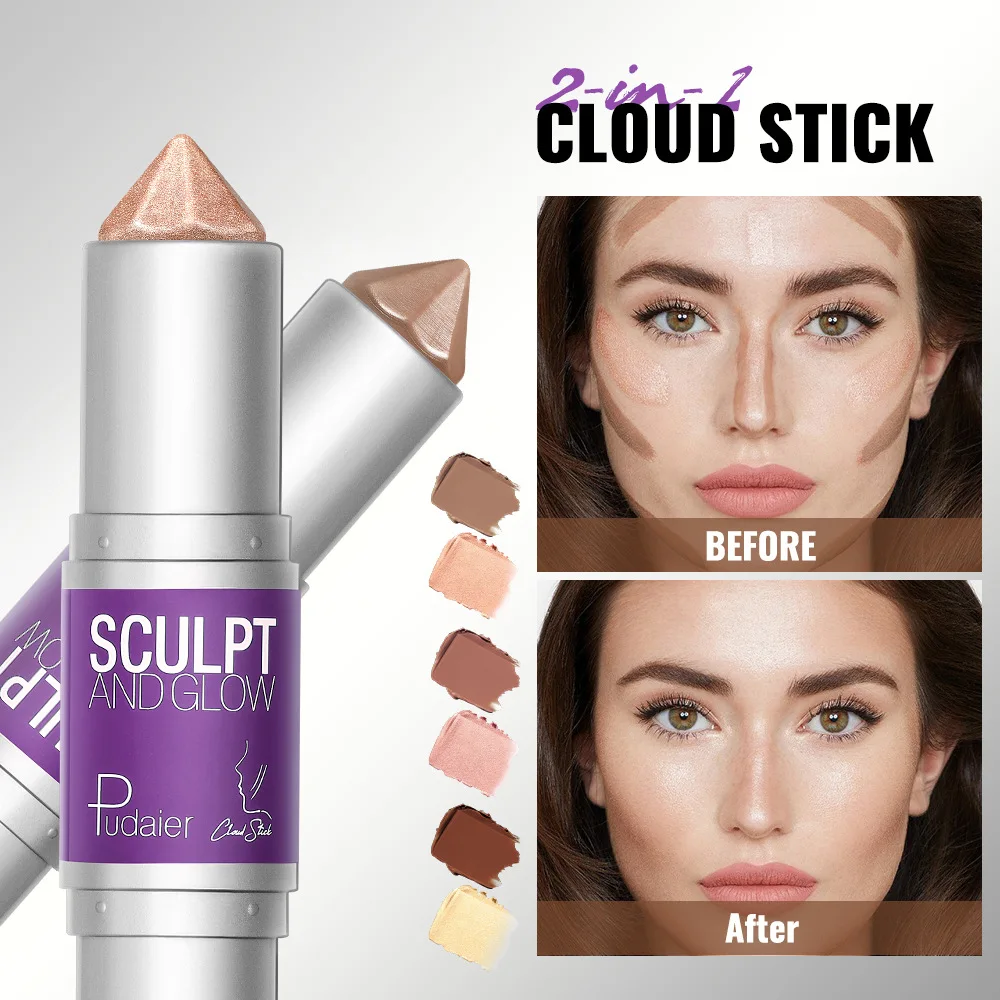 Pudaier 2-in-1 Contour & Highlight Stick - تركيبة مقاومة للماء وقابلة للمزج لنحت الوجه وخافي عيوب كريمي وهايلايتر #2