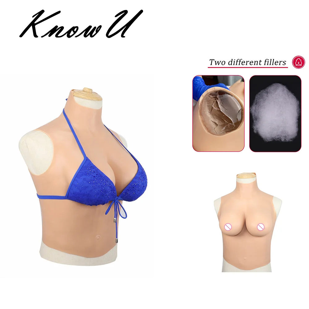 KnowU Cup D Real Breasts Silicone Fake Boobs Long Styles High collar Cosplay Fake Chest for Crossdresser