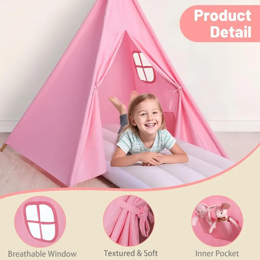 Sleepover-tenten voor kinderfeest-6-pack Tipi speelhuisje voor kinderen met verlichting en vlag en opblaasbaar luchtbed - Binnen/buiten Opvouwbaar - Sllu