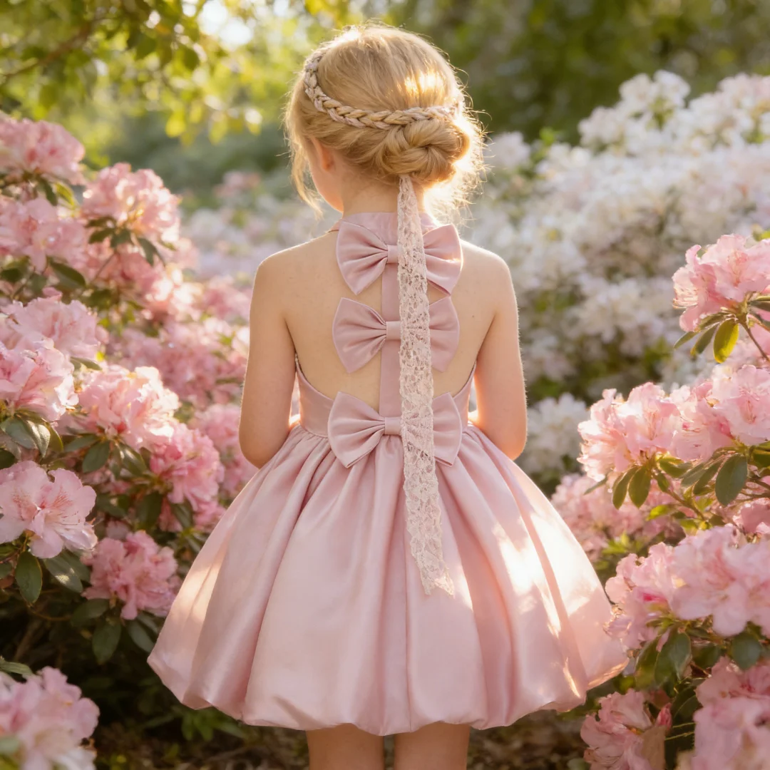 

Childrens Sleeveless Neck Hanging Bow Mesh Fluffy Skirt Wedding First Birthday Banquet Stage Host Piano Show Performance Dress