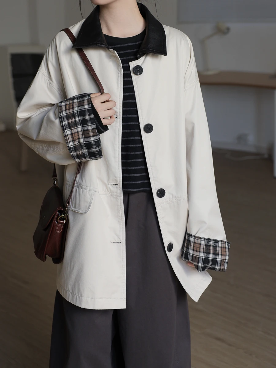 

TongTongJia Women's Vintage Loose Fit Lightweight Collared Jaet Color Blo Sle Versatile Mid-Length Long Sve Coat