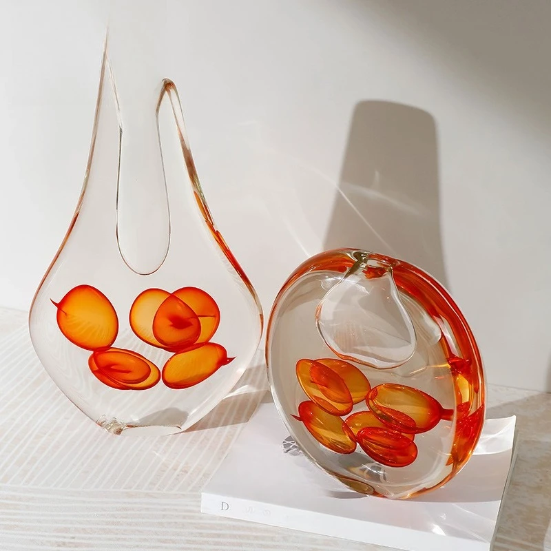 Glass vase ornament, high-end art orange bubble flower arrangement, high-value artwork
