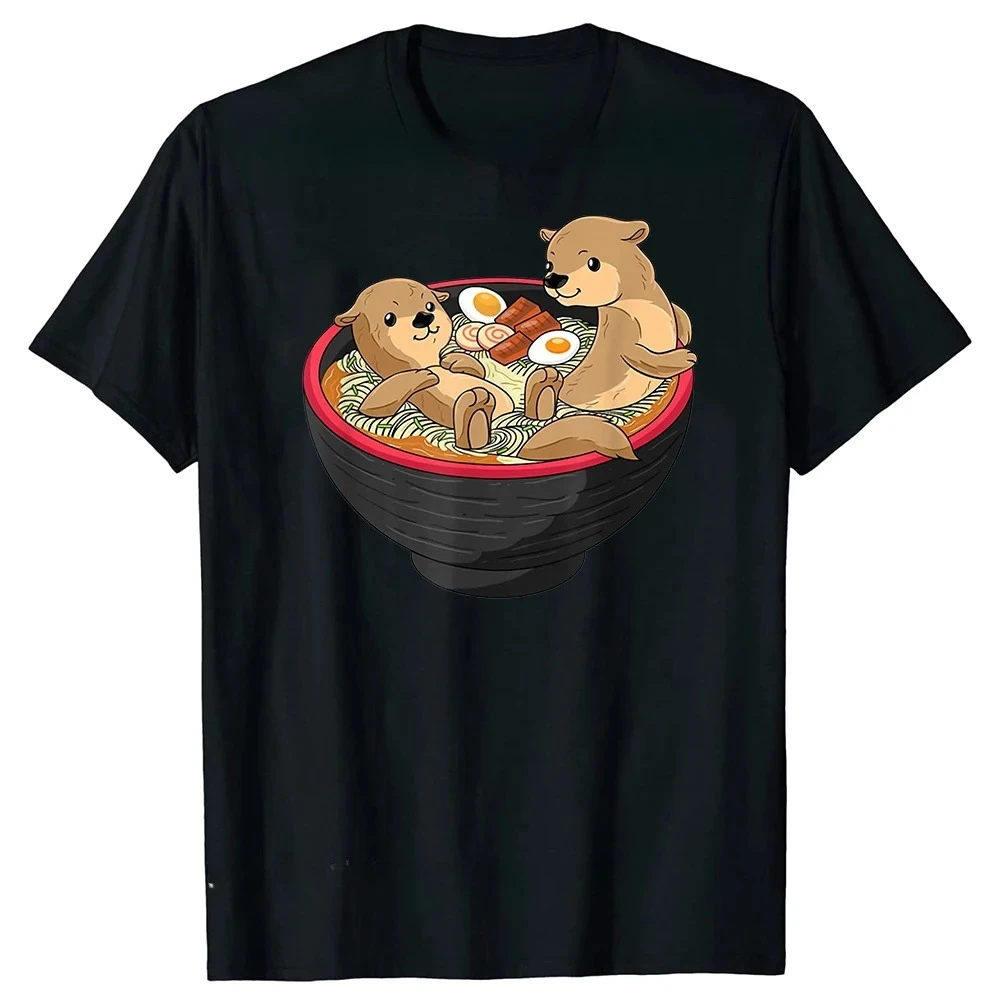 Funny Otter Japanese Ramen Noodles T Shirts Graphic Streetwear Short Sleeve Gifts Summer Otters Lover T-shirt Women Personality