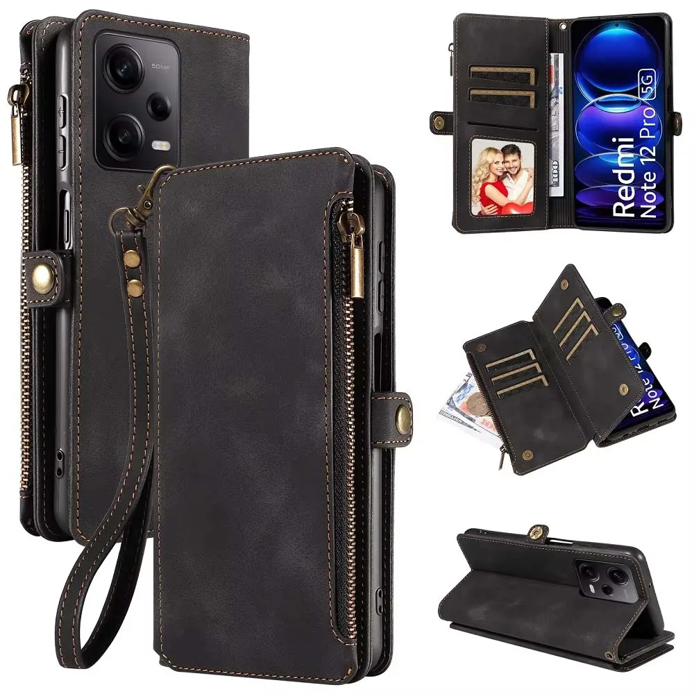 Multi-pocket Leather Wallet Case for Xiaomi Poco X5 X4 Pro X3 NFC F3 F4 GT M5 M4 C40 Flip Handbag Strap Zip Pouch Stand Bumper