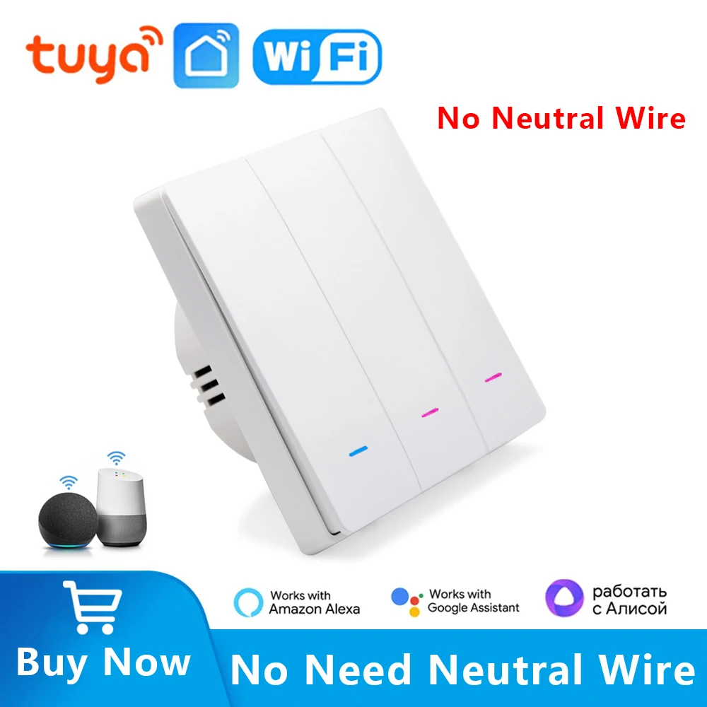 Tuya EU UK Smart WiFi Light Switch Push Button 1/2/3 Gang Light Wall Switches No Neutral Wire Smart Life Alexa Google Home Alice