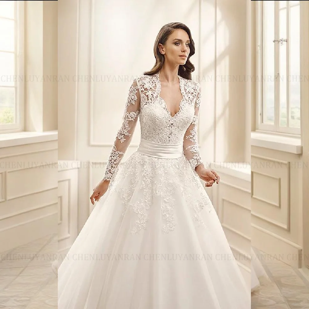 Maßgeschneidertes, atemberaubendes Hochzeitskleid 2026, A-Linie, Spitze, Applikationen, lange Ärmel, Reißverschluss, lange Brautkleider, Sweep-Zug, Vestido de Novia