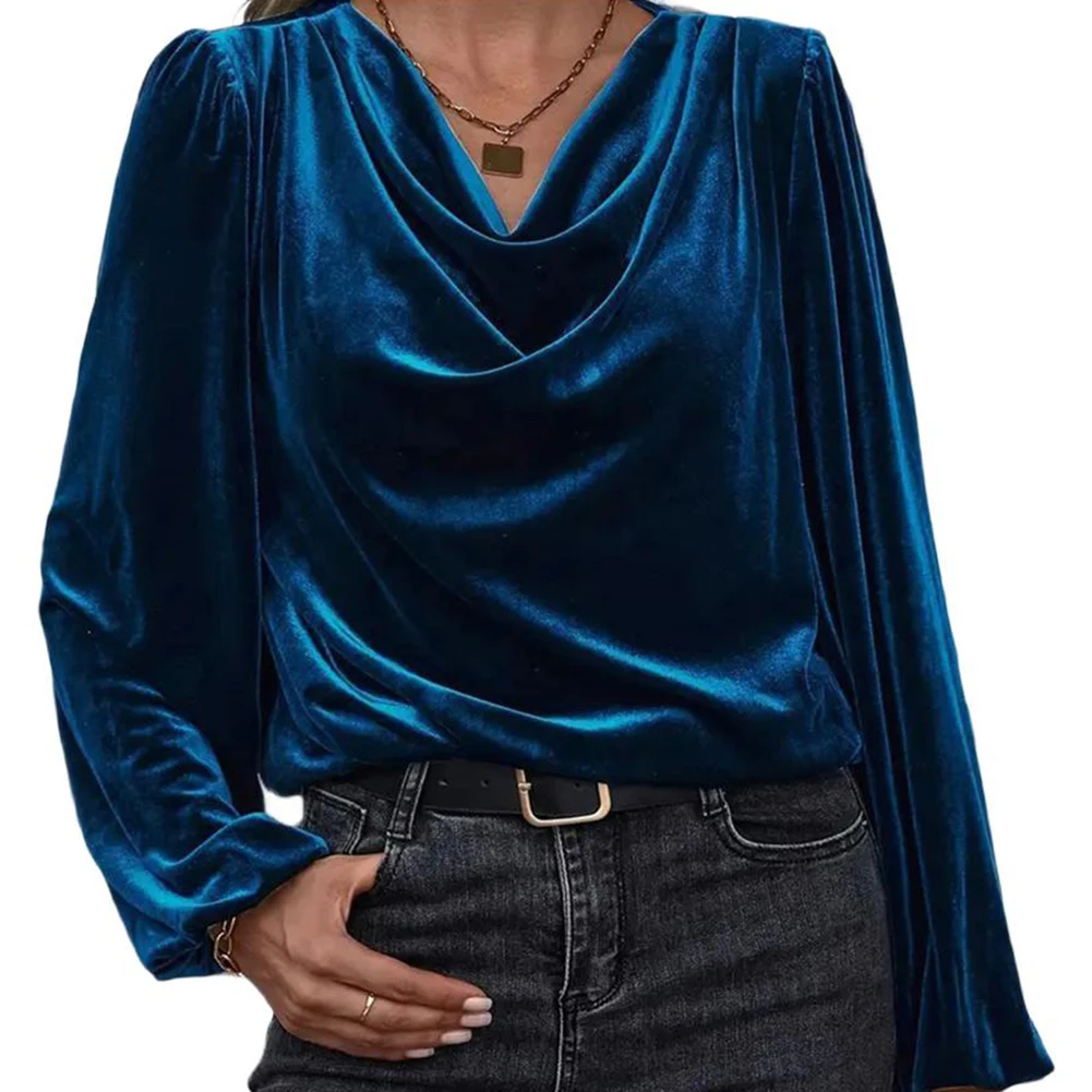 

Осень-зима, женские топы, бархатные блузки с длинными рукавами и рюшами, повседневные топы, рубашки с откидным воротником, темно-синие, винно-красные, черные