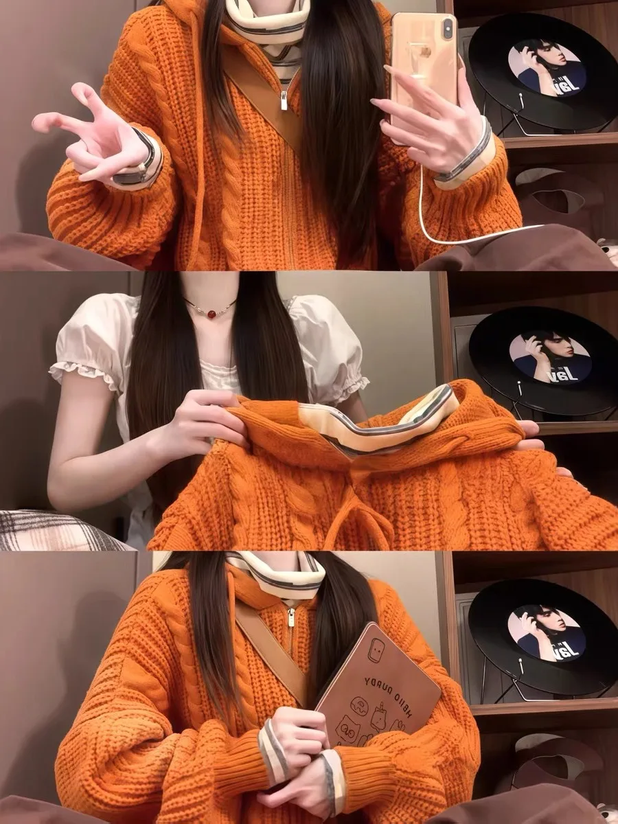 

Orange Hooded Twisted Knit Sweater Coat Women's Autumn Winter Loose Long Sve Knitted Open Cardigan Korean Sle Lazy Faion