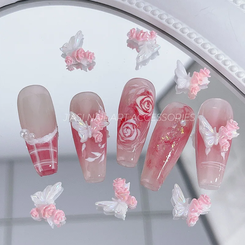 20PCS Butterfly Rose Nail Art Decoration Resin 3D Nail Accessories Romantic Pink and White Rose Butterfly