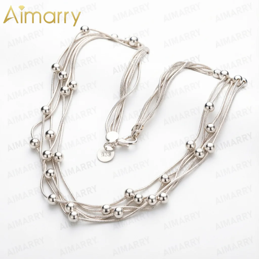 Women's 925 Sterling Silver Multi-layer Snake Bone Bead Necklace