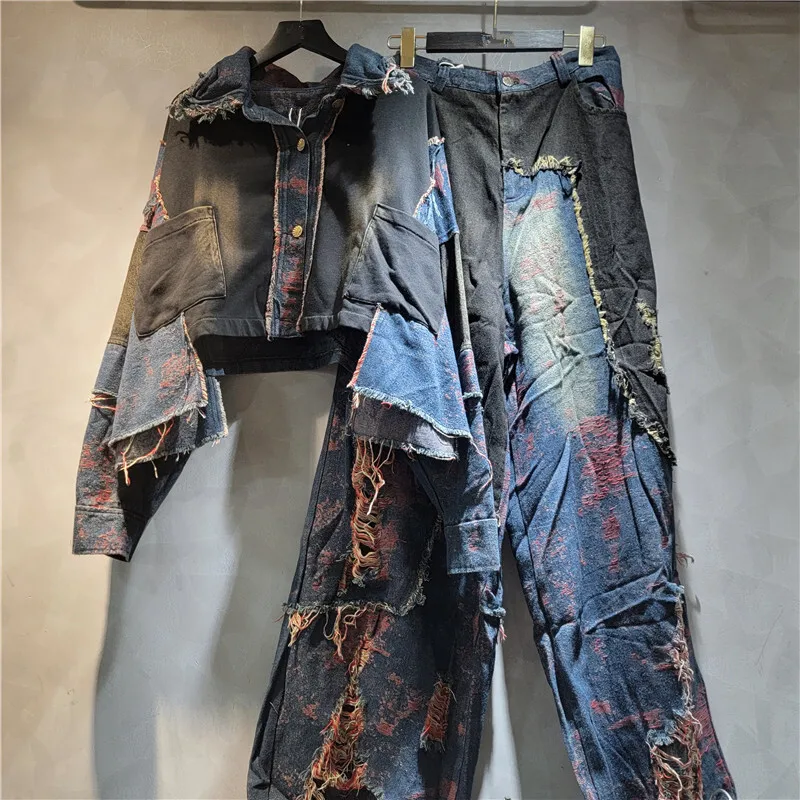WTHT delle Nuove Donne di Modo Patchwork Lavato Risvolto Manica Lunga Giacca di Jeans A Vita Alta Jeans Dritti Femminile 2025 Autunno 1LS2310