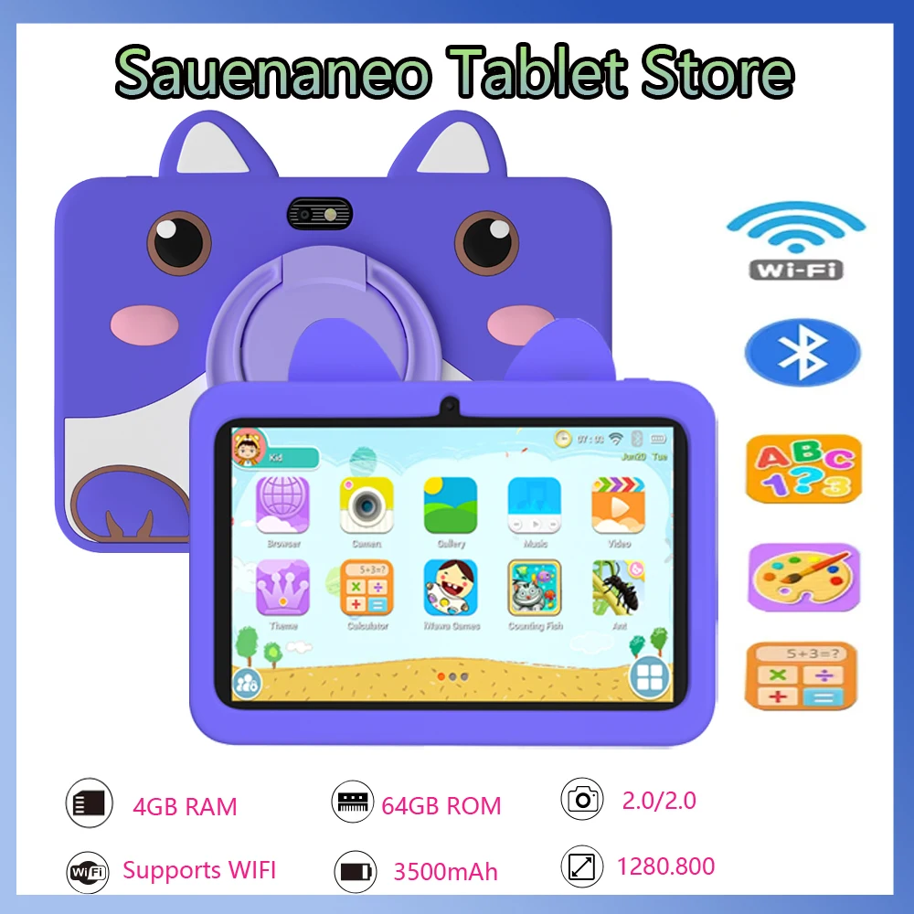 Tablet infantil de 7 polegadas, adequado para crianças com 4 GB de RAM 64 GB de ROM, adequado para tablets Android 13 equipados com WiFi 2.4G