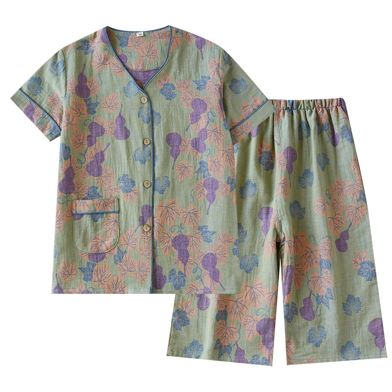 2026Japanische Frühjahr/Sommer Neue frauen Pyjama Set 100% Baumwolle Crepe Kurzarm + Capris Zwei Stück Damen dünne Hause Anzug Strickjacke – Detail 25